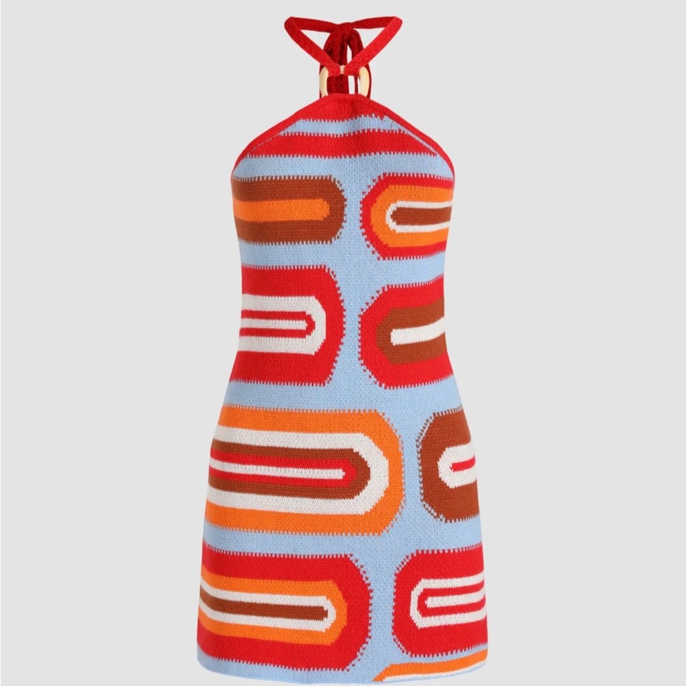 Knit geometric halter neckline dress. Great for festival & cowgirl themed party.